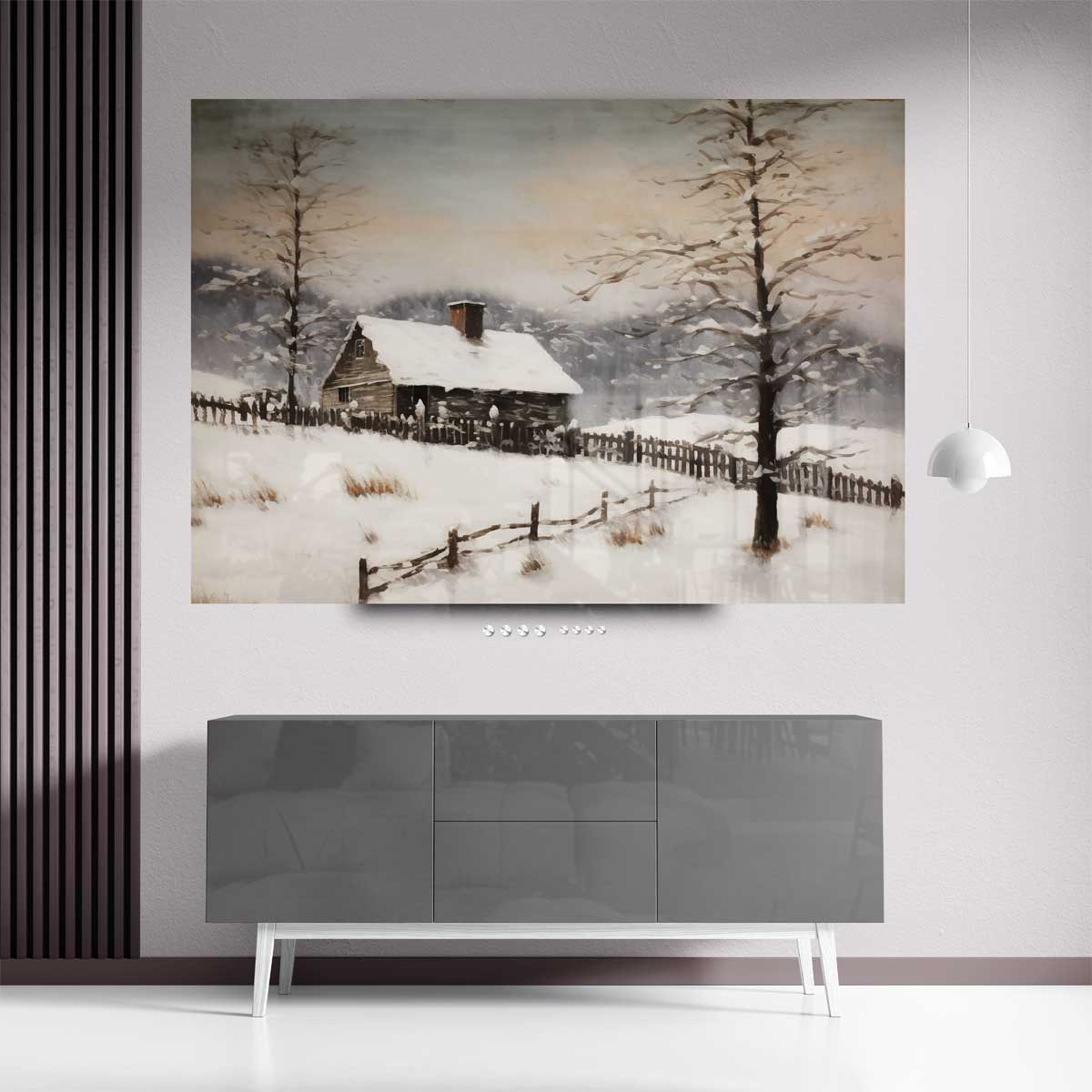 Winterhut in de Sneeuw – staand kunstwerk voor modern interieur