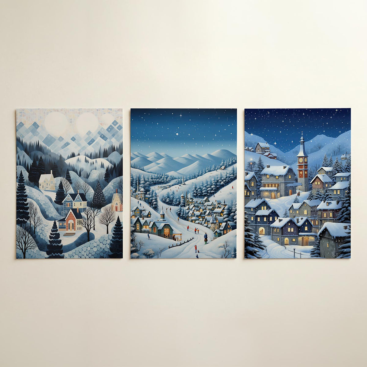 Winterse dorpstafereel driedelige posterset in interieur