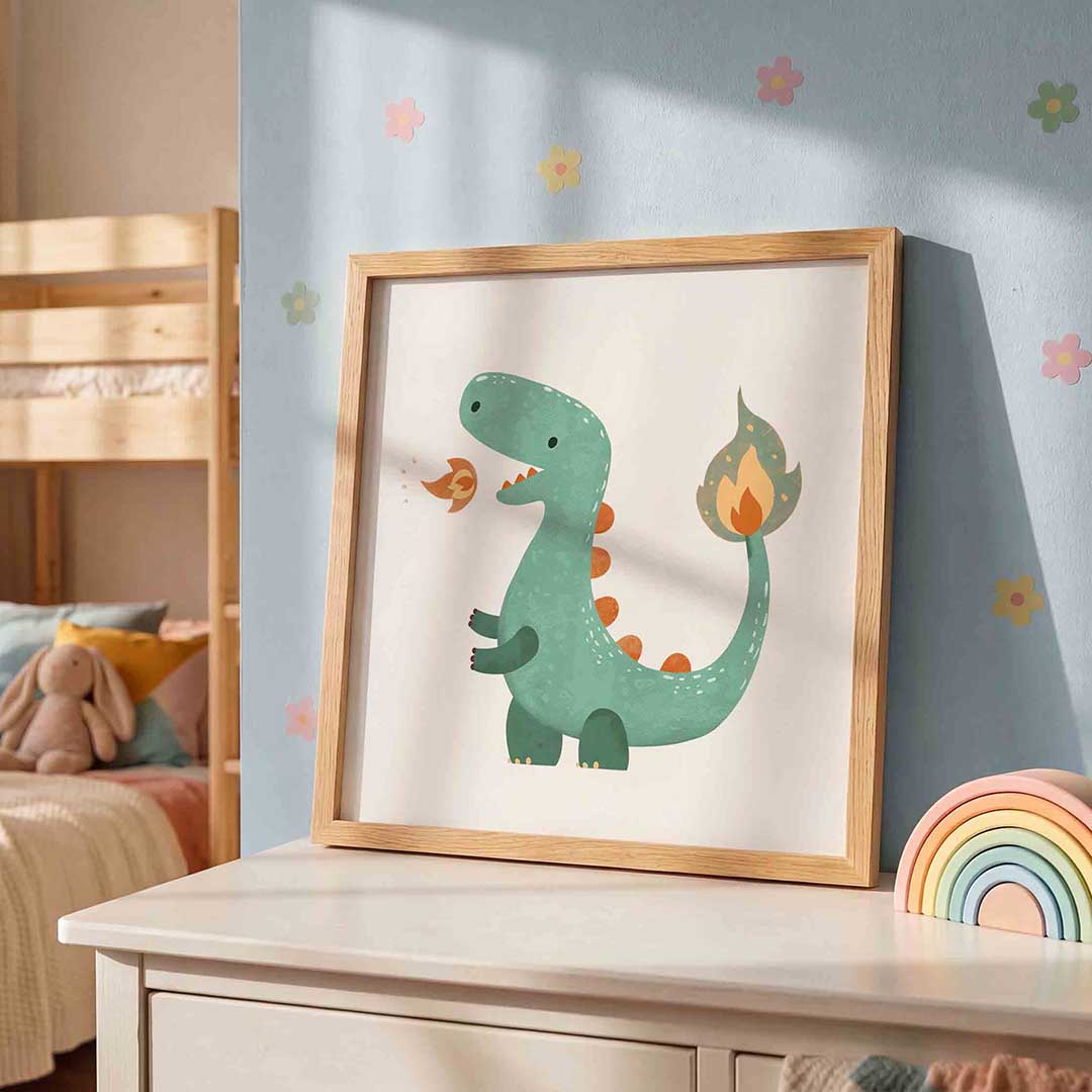 Groene dinosaurus – speelse wandkunst als vierkante kinderposter