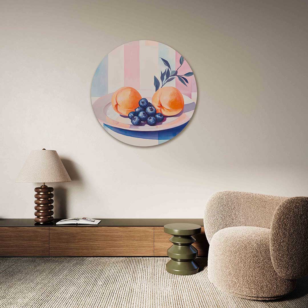 Perziken en bessen – abstracte muurcirkel als ronde wanddecoratie