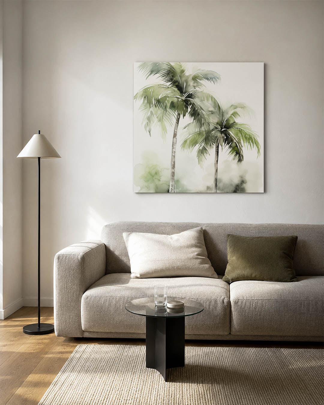 Tropische palmbomen kunstwerk – detailweergave – dit kunstwerk toont twee weelderige palmbomen met groene bladeren tegen een