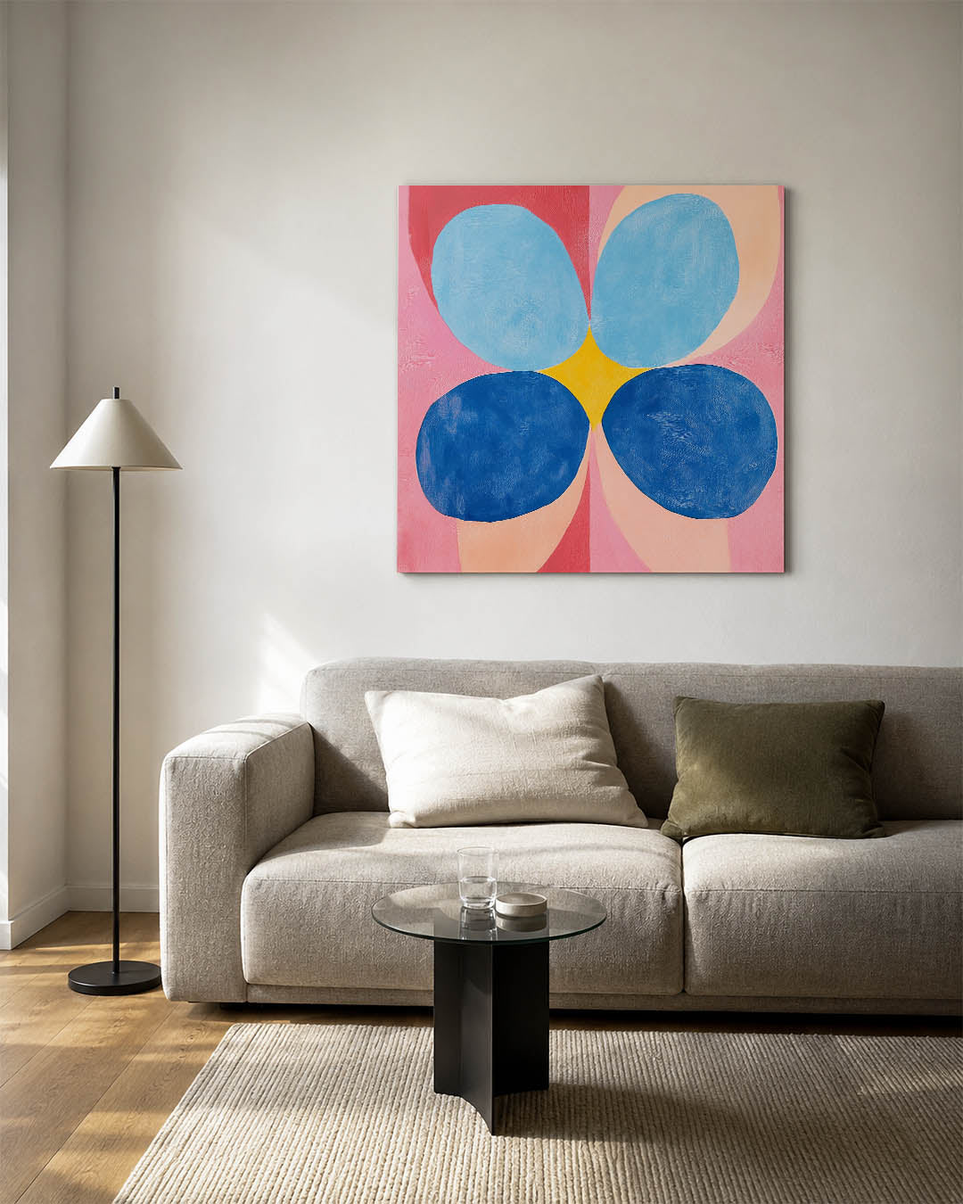 Vormenspel met kleuren kunstwerk – vierkante wanddecoratie – dit werk toont een dynamisch spel van overlappende vormen in