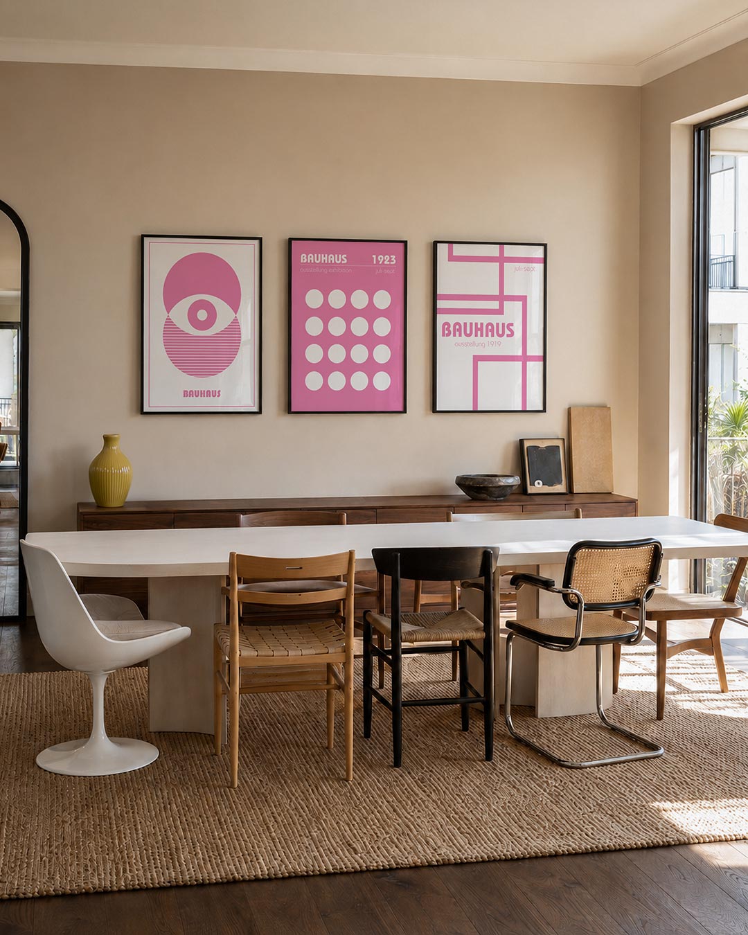 Cirkel en strepen driedelige posterset – deze posterset in drie delen toont een speelse combinatie van roze cirkels en