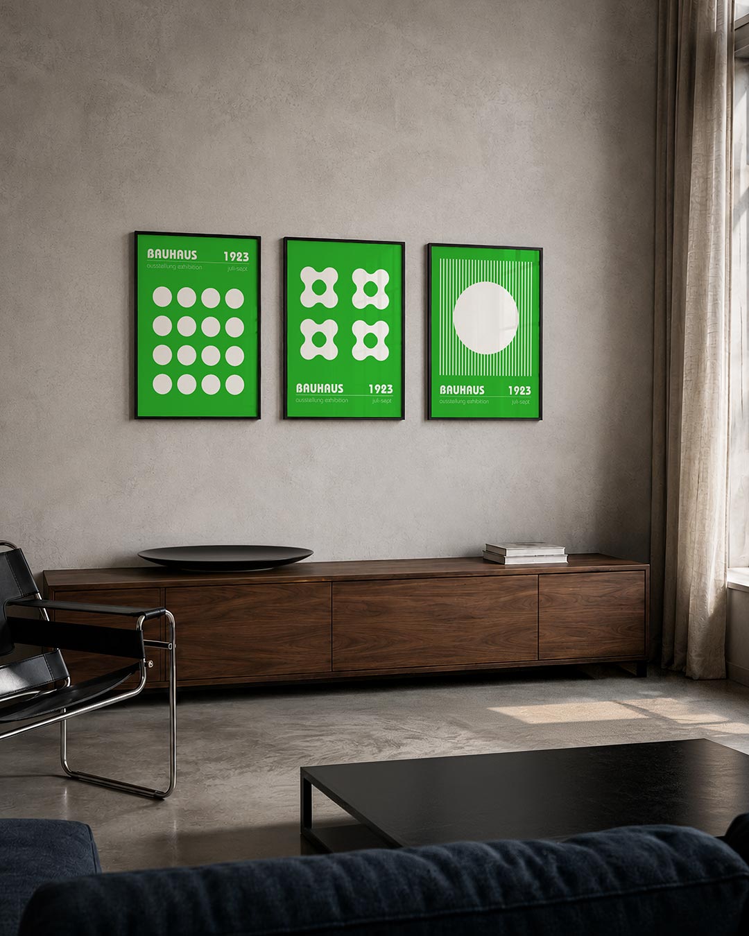 Cirkelritme groen driedelige posterset – deze posterset in drie delen toont een levendig groen vlak met een patroon van witte