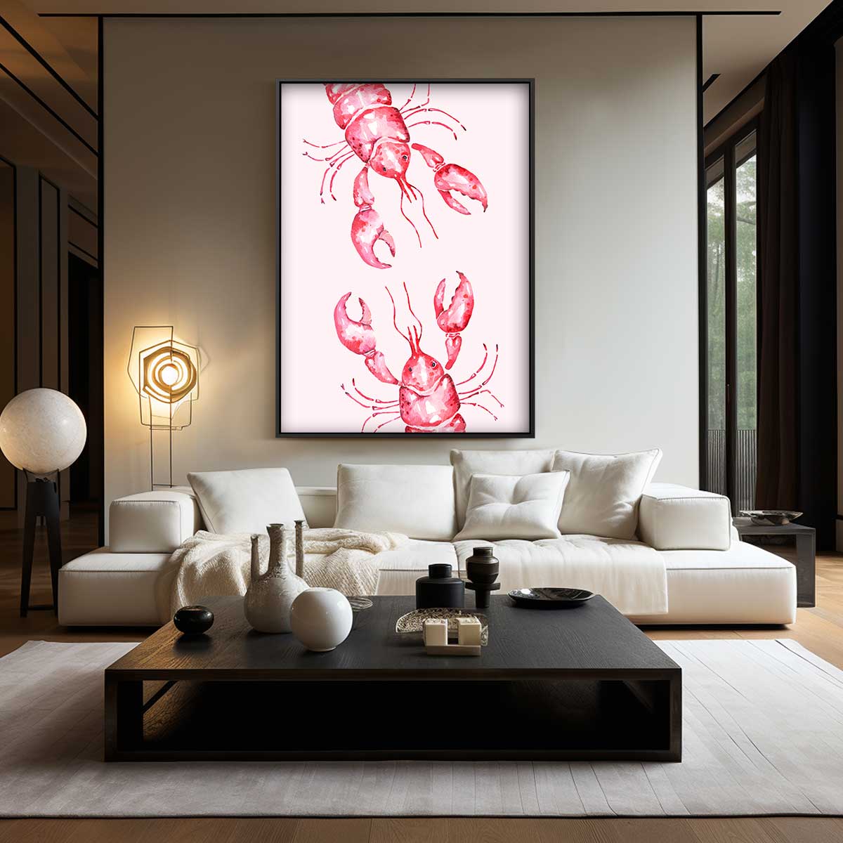Vrolijke Kreeften in Aquarel – kunstwerk met zwarte baklijst