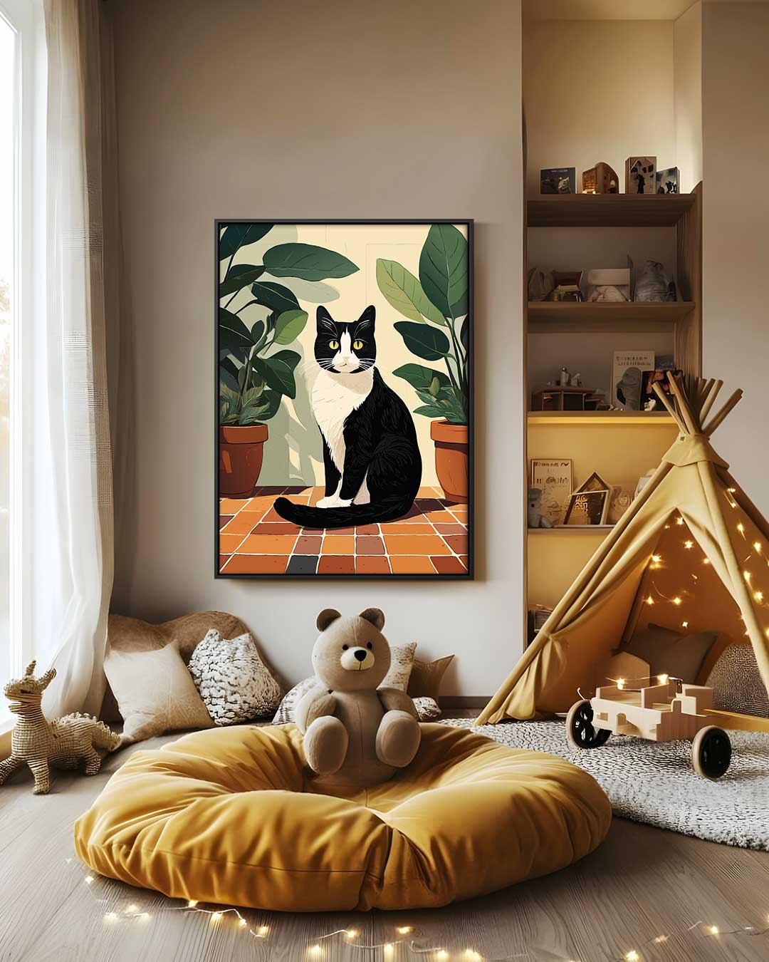 Charmante Kat tussen Groen – canvas wanddecoratie in portret formaat