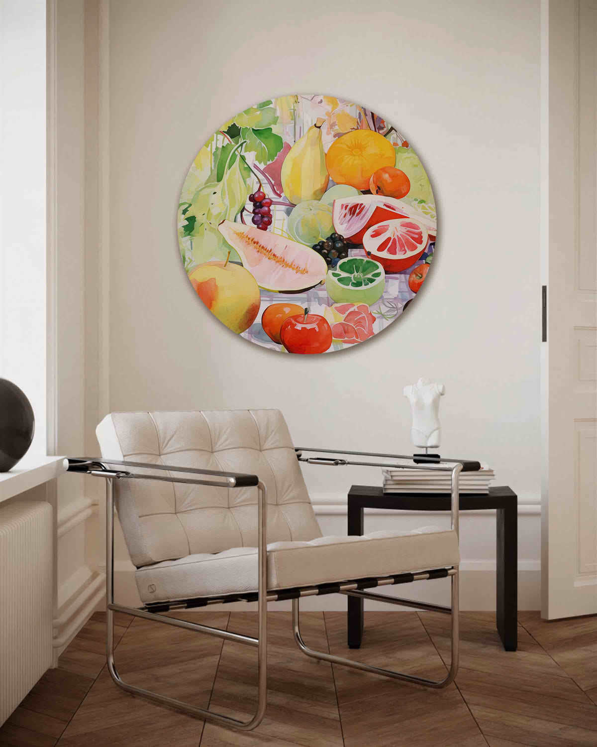 Fruit en bladeren – kleurrijke muurcirkel als ronde wanddecoratie