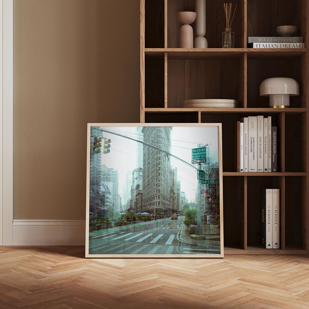 Stedelijke droom poster – derde productweergave – deze poster toont een drukke stadsstraat met een opvallend gebouw. De