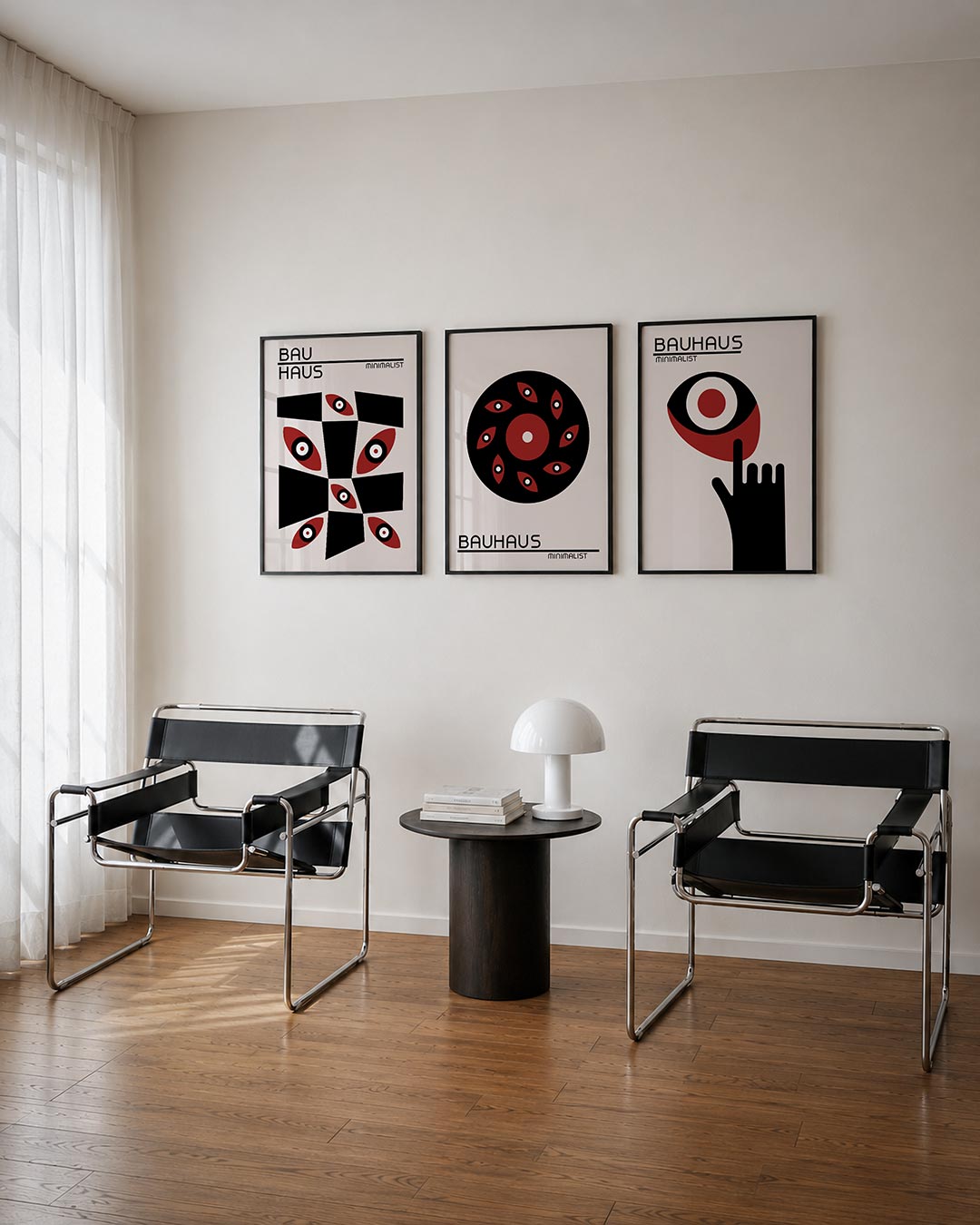 Vormen en vlakken driedelige posterset – deze posterset in drie delen toont een speelse combinatie van zwarte en rode vormen