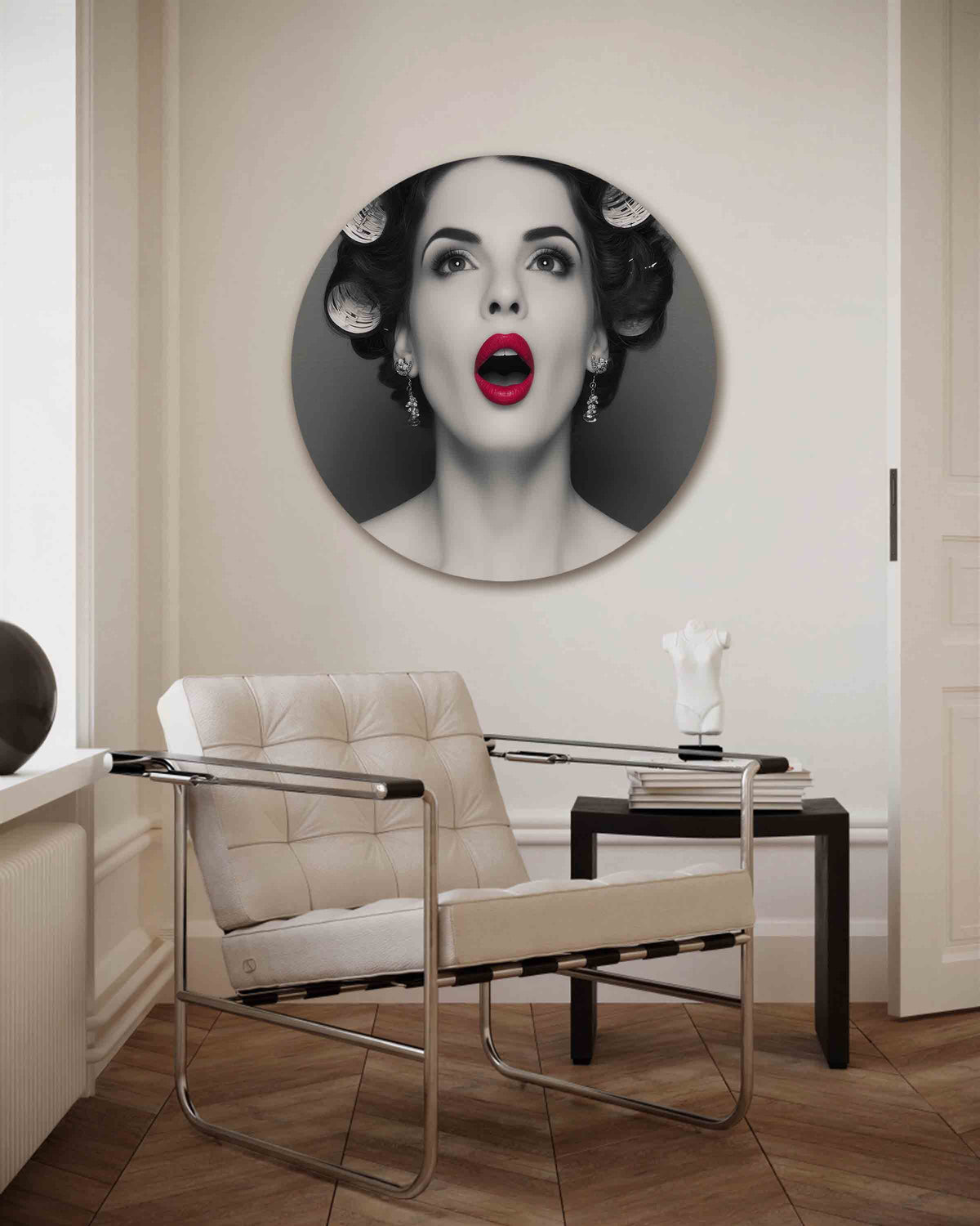 Vrouw met rode lippen – Pop Art muurcirkel als ronde wanddecoratie