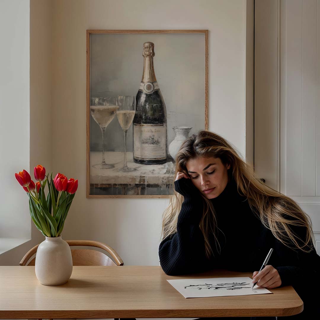 Luxe Champagne Stilleven – feestelijke wandkunst als portret poster