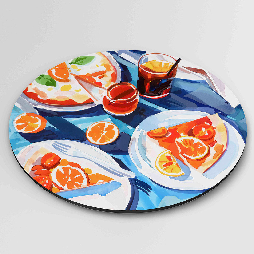 Pizza en citrusvruchten – ronde wanddecoratie met abstract ontwerp