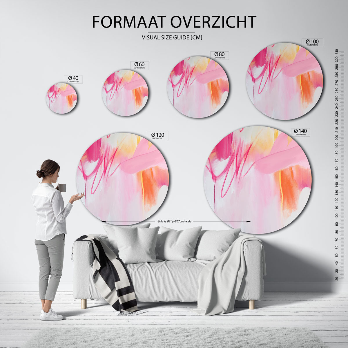 Abstracte roze en oranje – kleurrijke wandkunst als muurcirkel