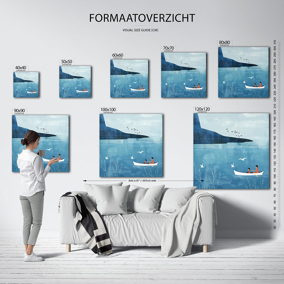 Rustige kano vaart kunstwerk – sfeerbeeld – dit kunstwerk toont een serene scène van een kano op kalm water, omringd door
