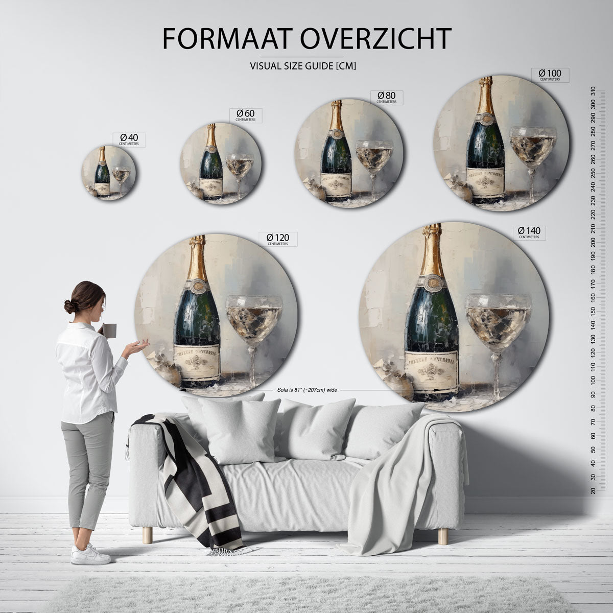 Champagnefles en glas – abstracte wandkunst als muurcirkel van WallArtistic