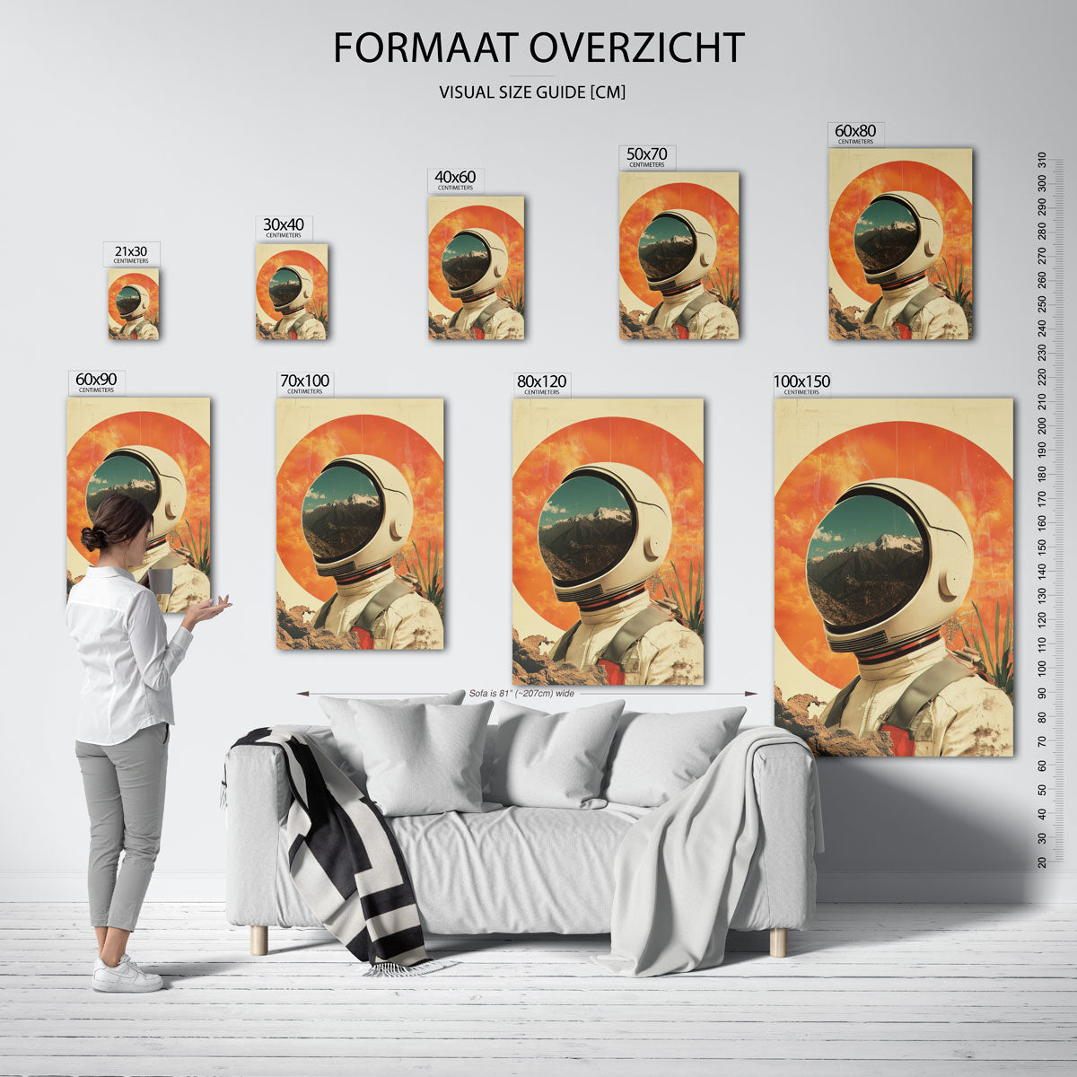 Astronaut en bergen – staande muurposter met surrealistische uitstraling
