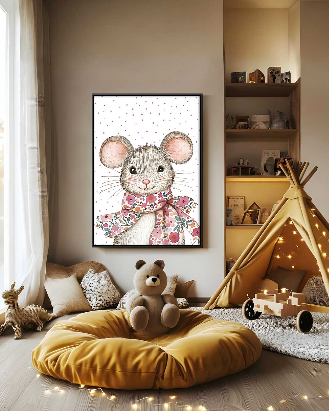 Schattige Muis met Bloemensjaal – staand kunstwerk voor modern interieur