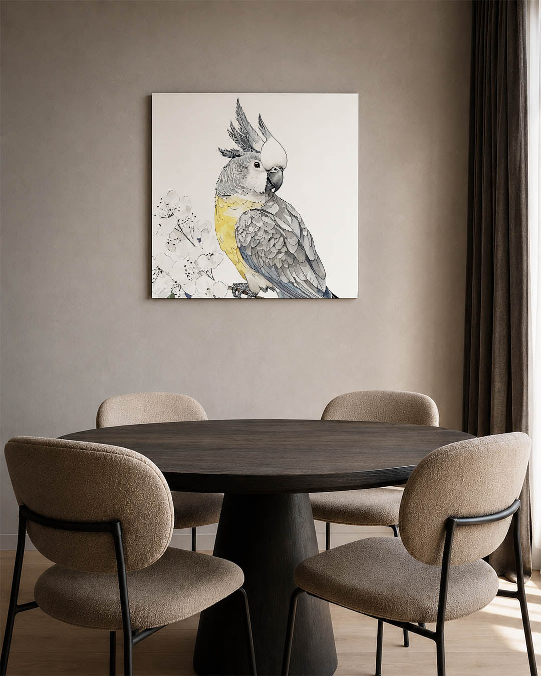 Vogels en bloemen kunstwerk – derde productweergave – dit kunstwerk toont een gedetailleerde vogel met levendige veren naast