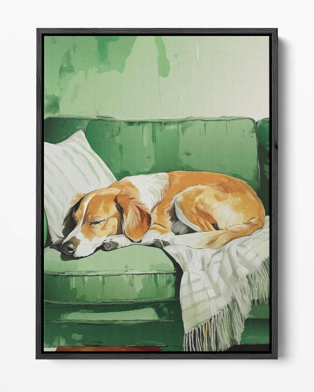 Slapende Hond op Groene Bank – portret kunstwerk als wanddecoratie