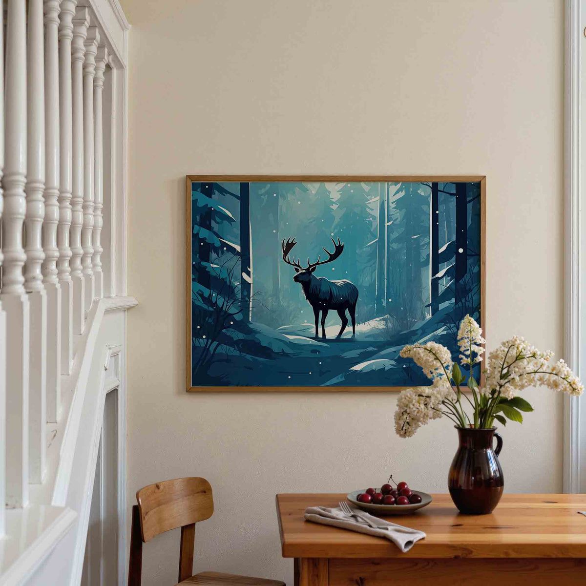 Hert in winterbos – liggende illustratie poster als wanddecoratie