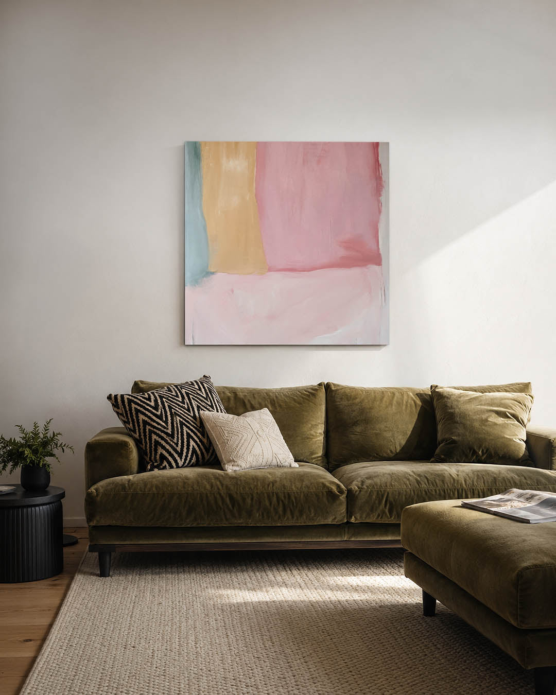 Zachte kleurvlakken kunstwerk – derde productweergave – dit kunstwerk toont grote, zachte vlakken in pastelkleuren. De