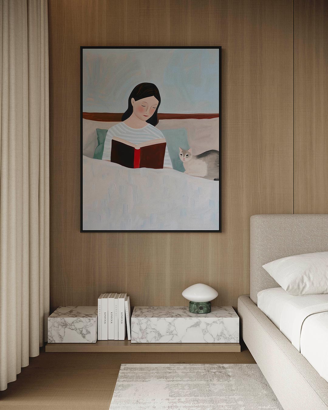 Lezende vrouw met kat – kunstwerk op canvas, dibond of plexiglas