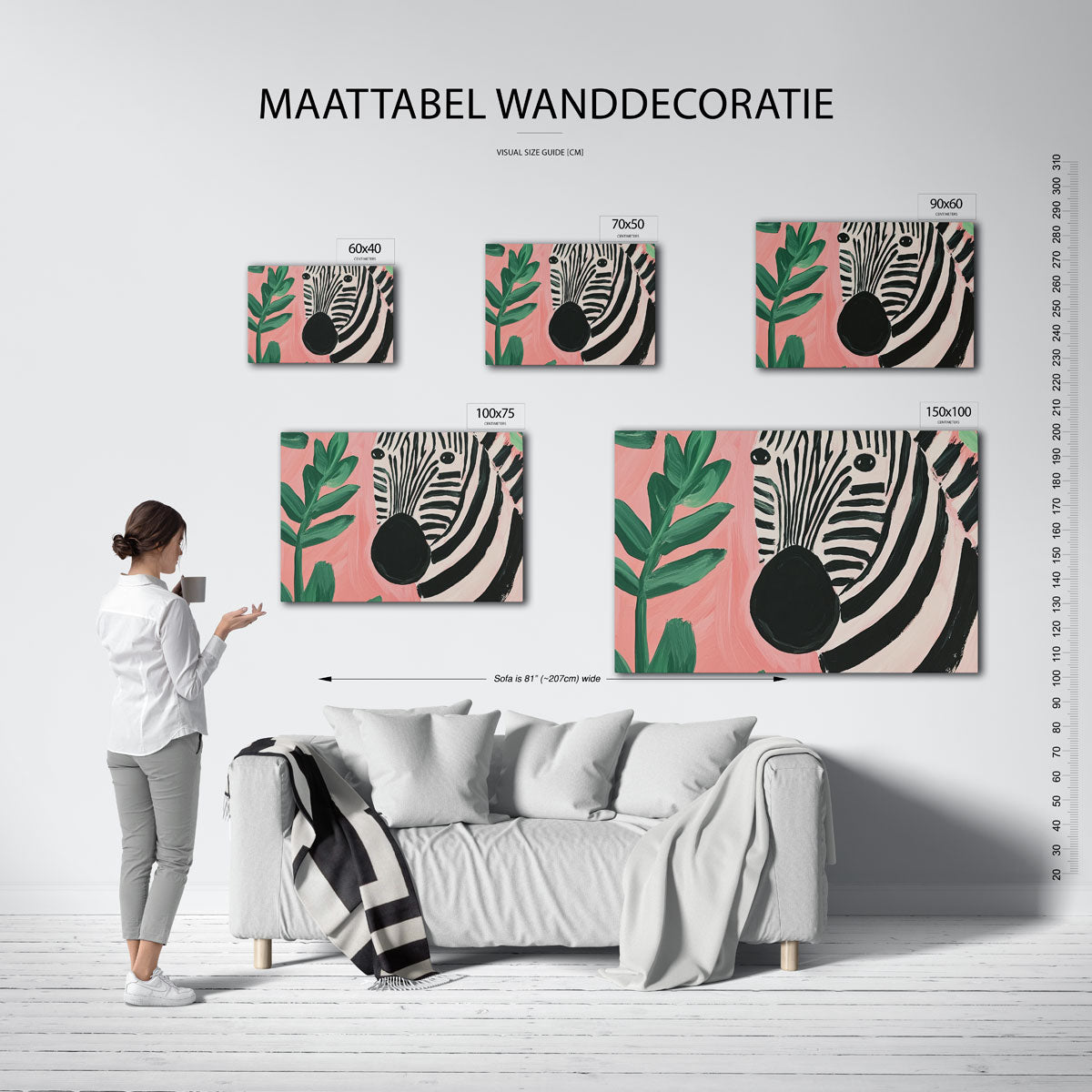 Zebra en bladeren – Liggende wanddecoratie – kunstwerk op canvas, dibond of plexiglas