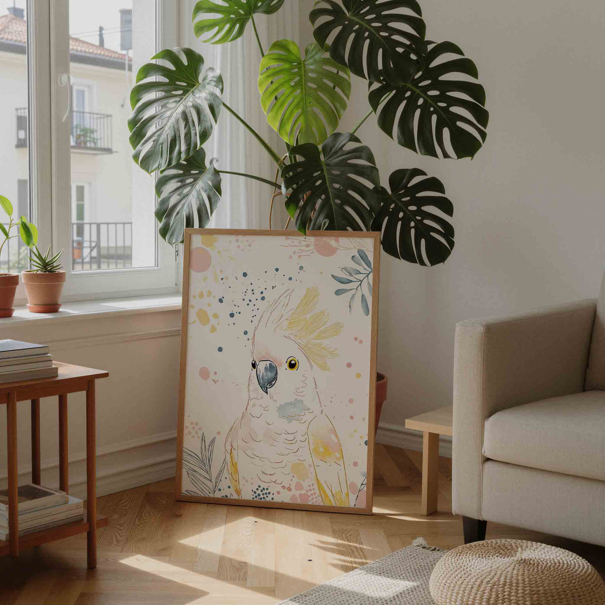 Papegaai met bladeren – moderne illustratie als portret poster