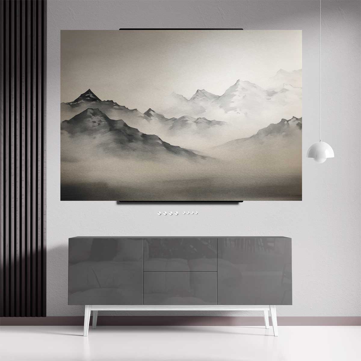 Sereen Berglandschap in Mist – staande wandkunst voor woonkamer of interieur