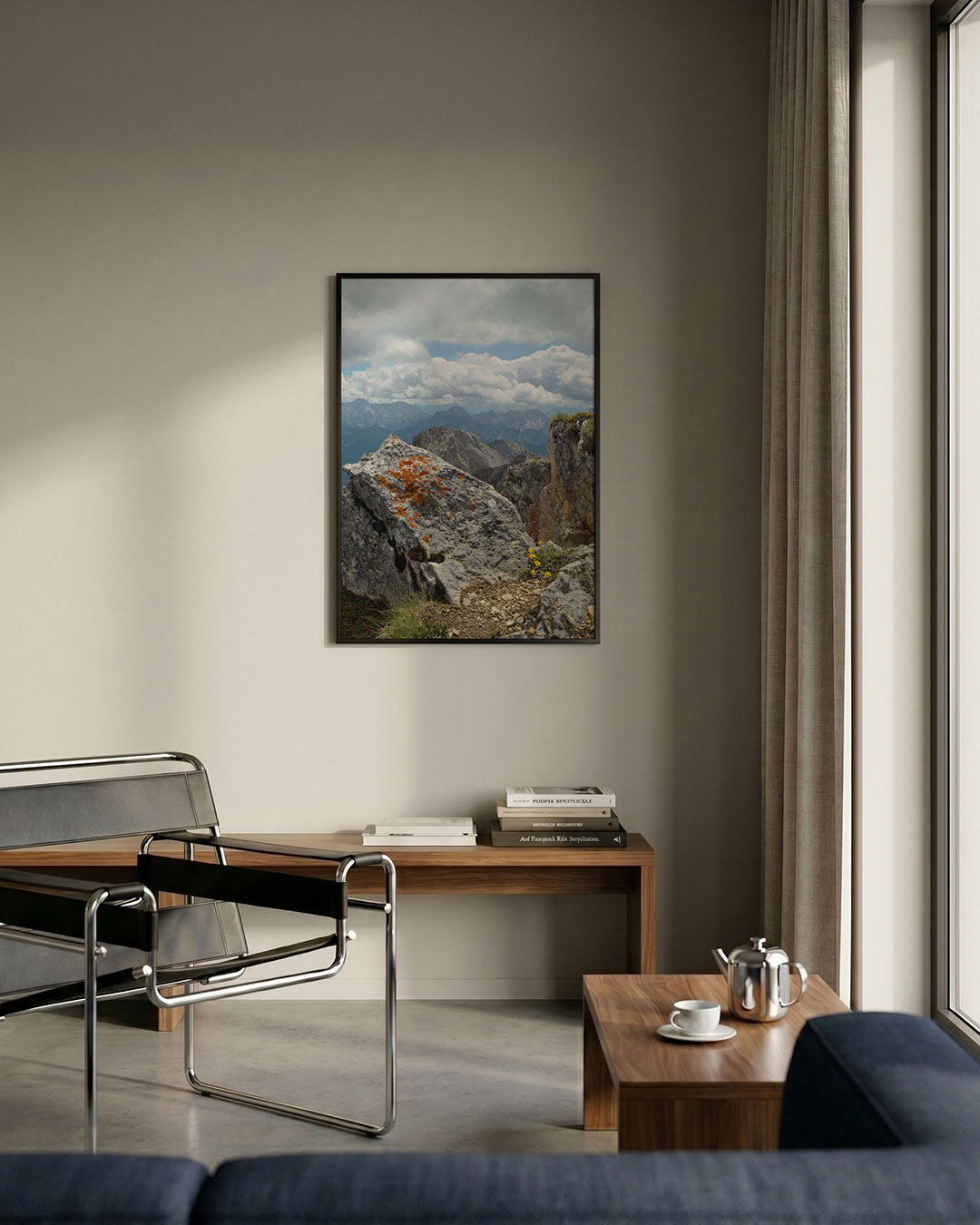 Berglandschap met rotsen poster – detailweergave – deze poster toont een indrukwekkend berglandschap met ruige rotsen en een