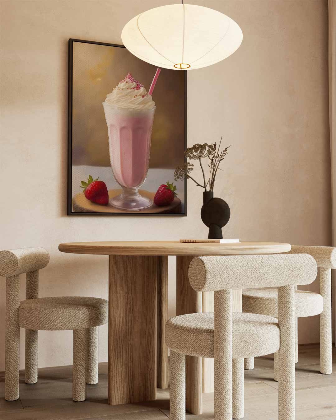 Romige Aardbeien Milkshake Schildering – canvas wanddecoratie in portret formaat