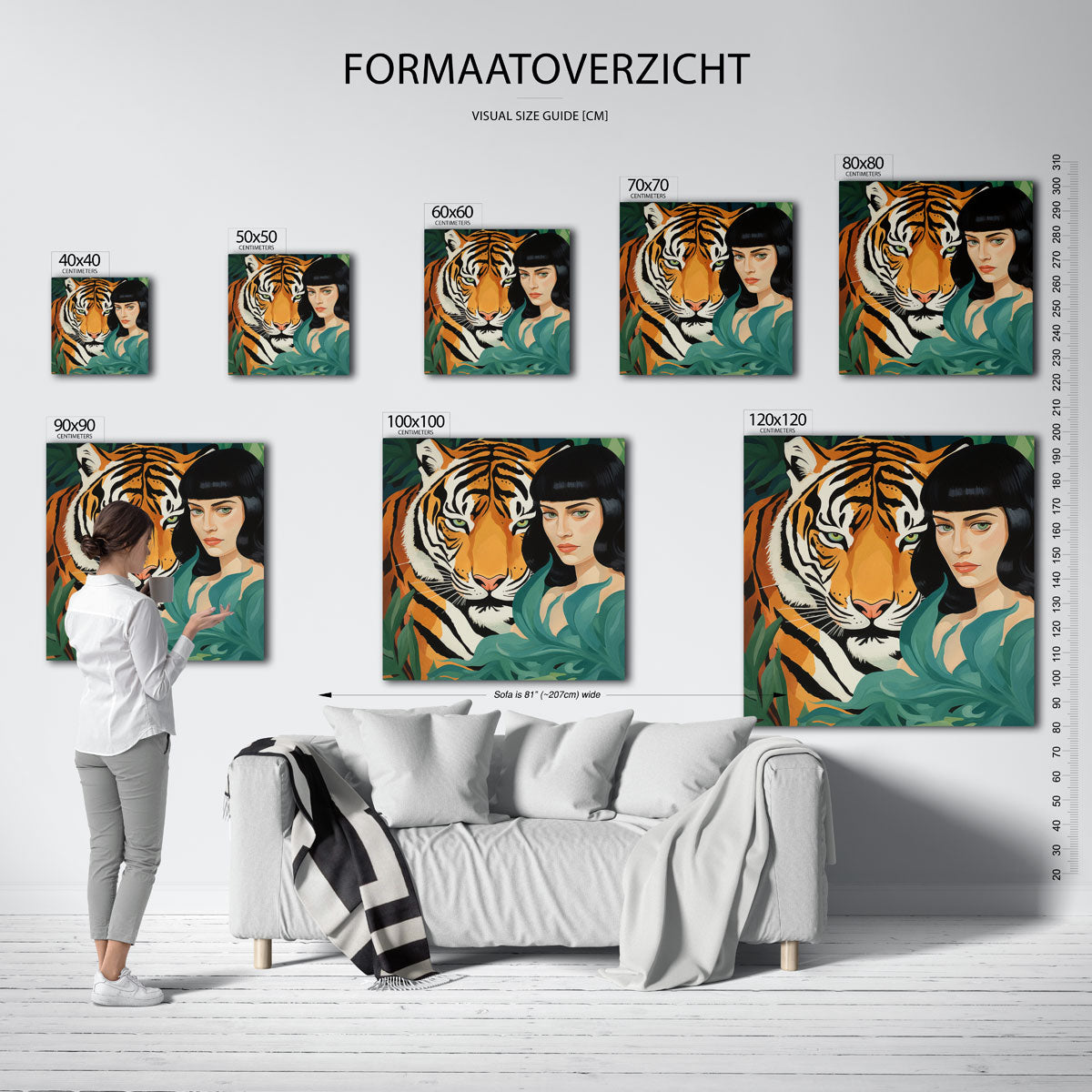 Tijger en vrouw – vierkante muurposter met dierenthema