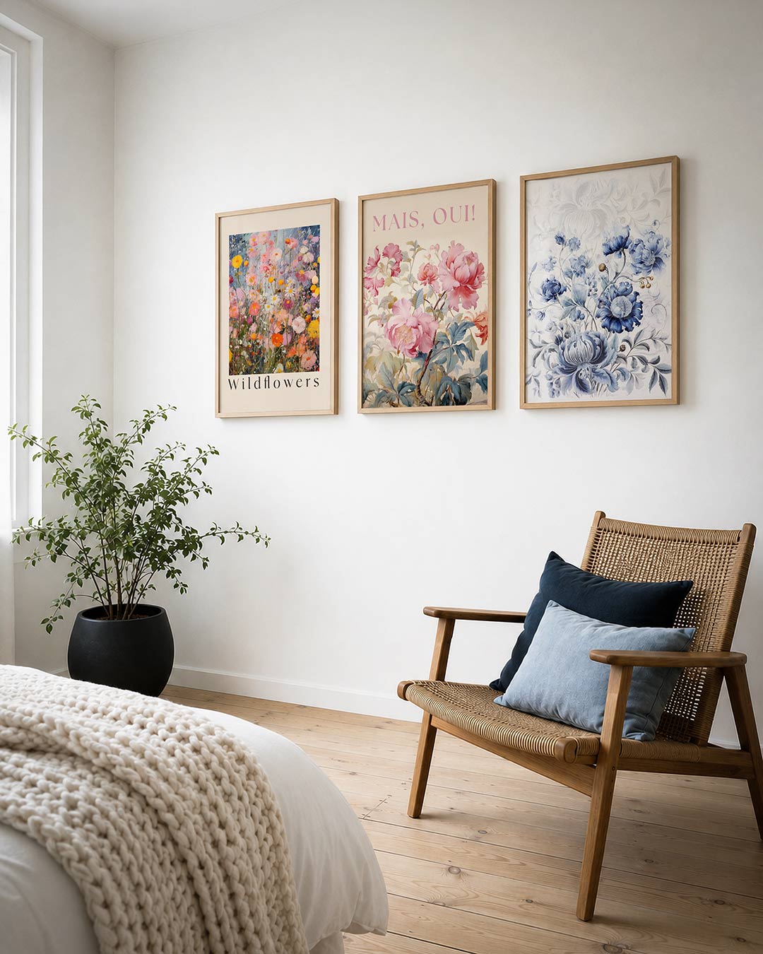 Bloemenweelde posterset – derde productweergave – een levendige explosie van kleurrijke bloemen tegen een