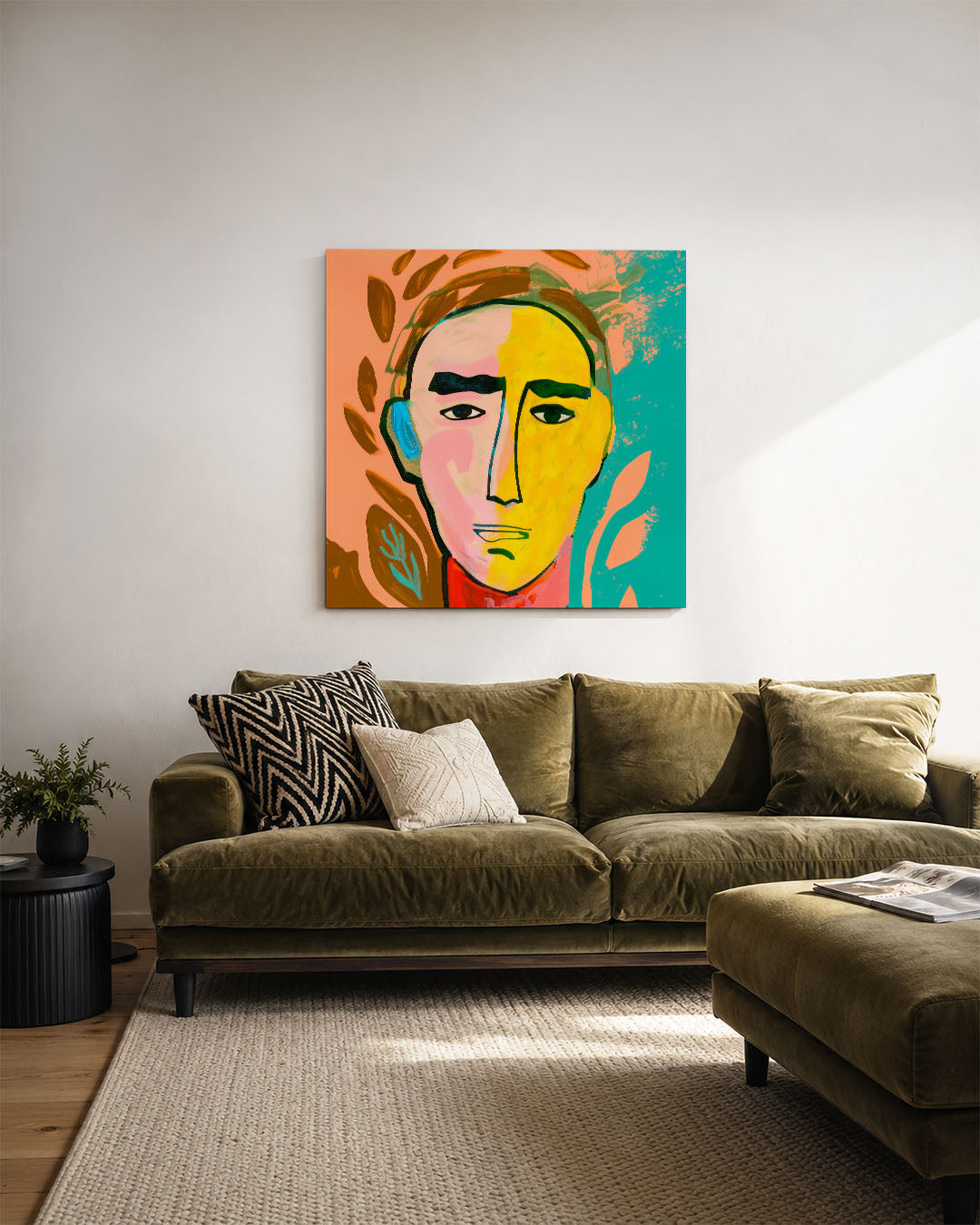 Gezichtsvormen kunstwerk – derde productweergave – dit werk toont een gezicht met gedurfde lijnen en contrasterende kleuren.