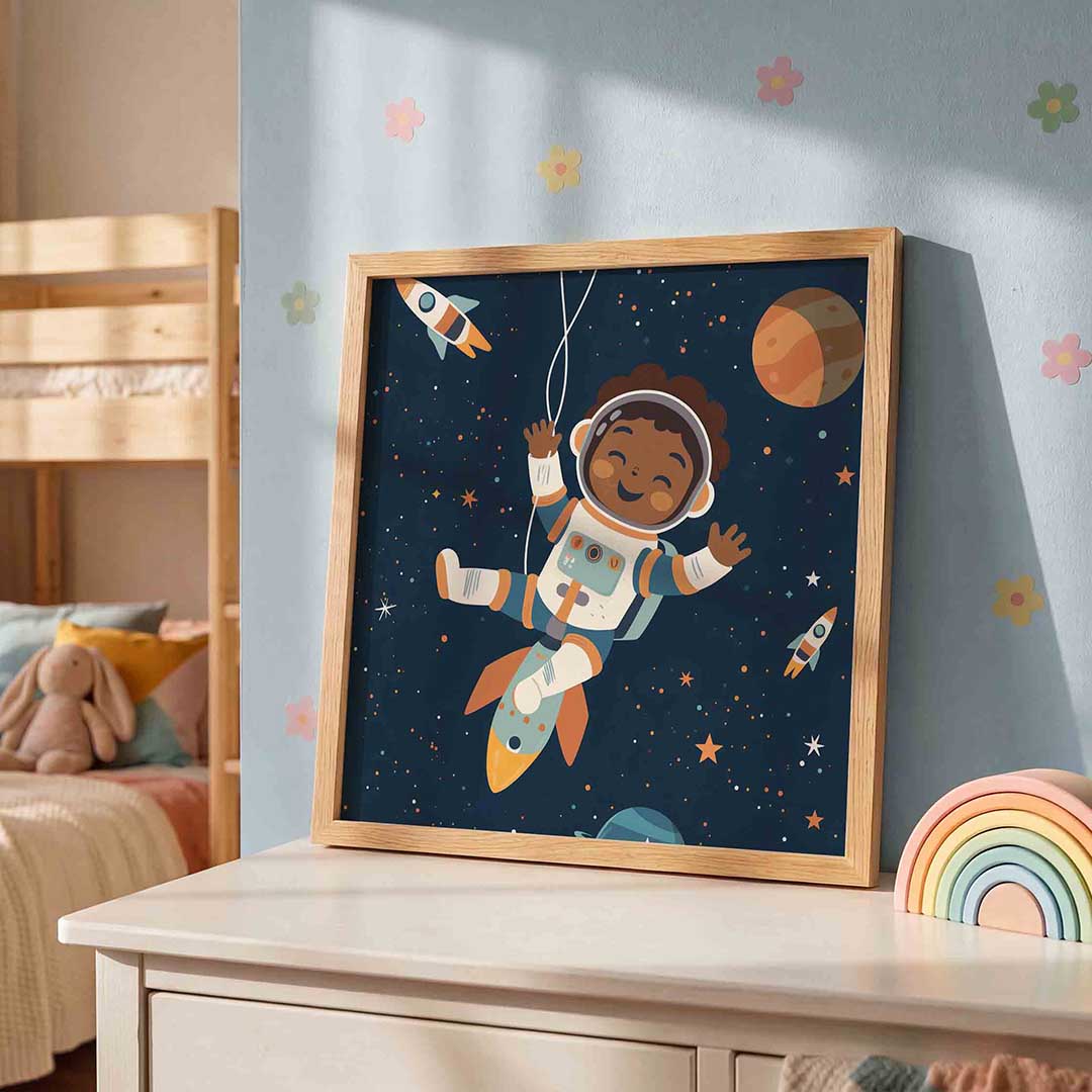 Kind in ruimte – speelse wandkunst als vierkante kinderposter