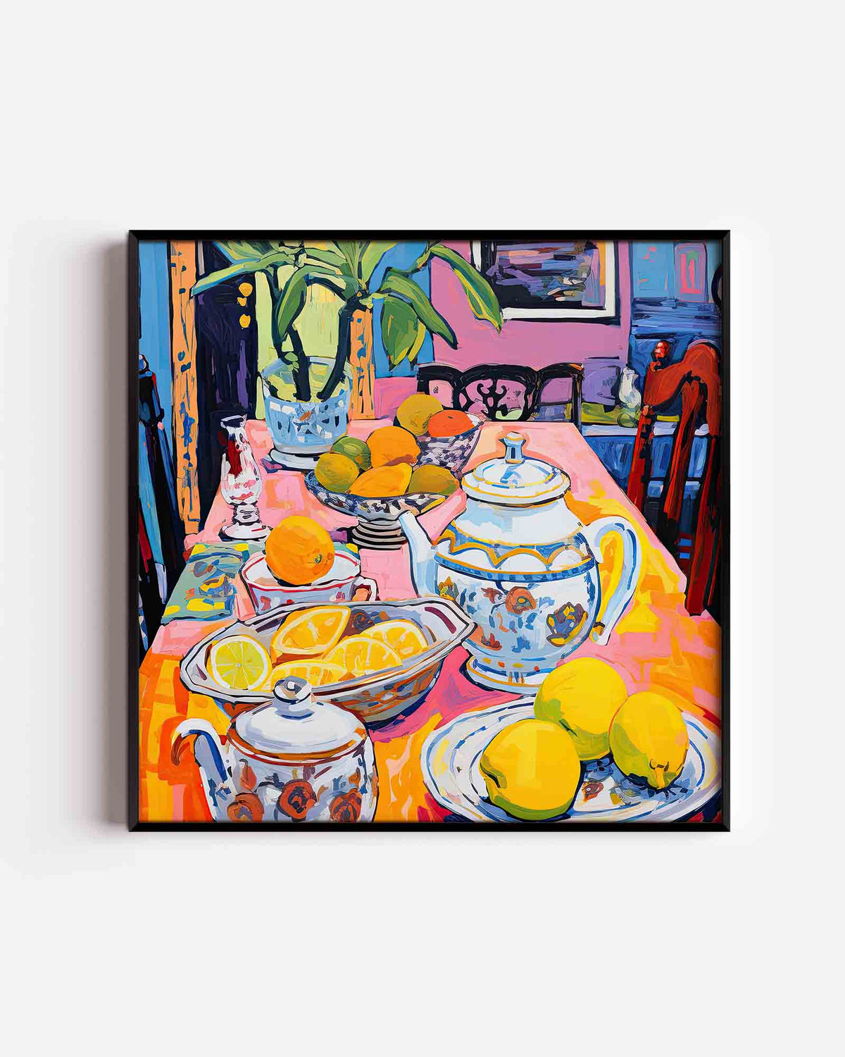 Fruit en servies op tafel – kleurrijke illustratie poster als wanddecoratie