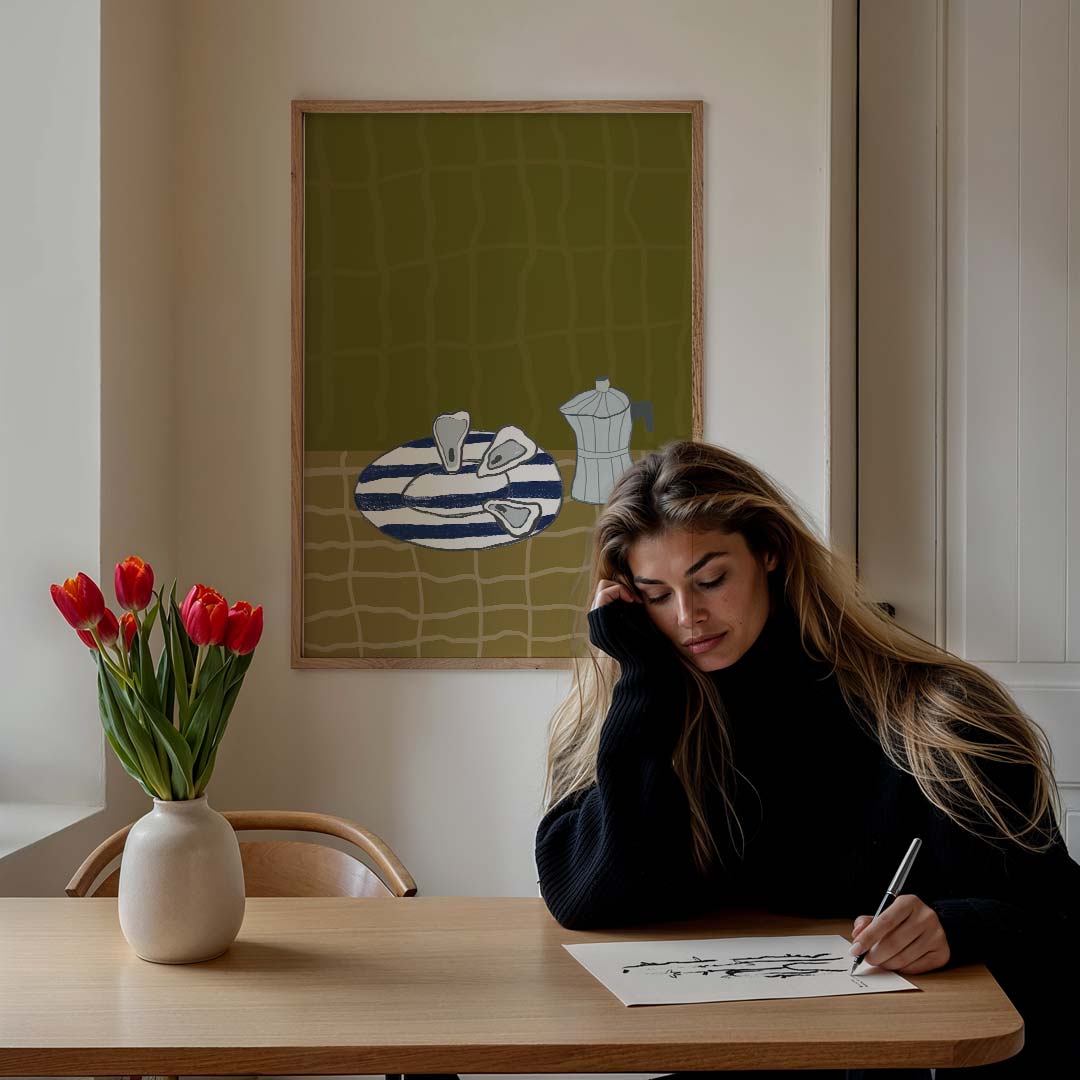 Stijlvolle Cafetière en Oesters – culinaire wandkunst als portret poster