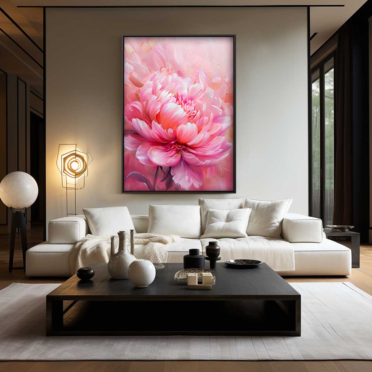 Bloeiende Pioen in Roze – canvas wanddecoratie in portret formaat