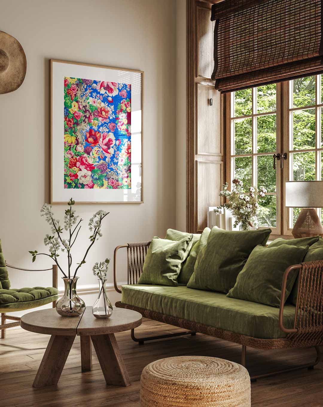 Bloemenpracht op een Hemelsblauwe Achtergrond – staande muurposter met Popart uitstraling