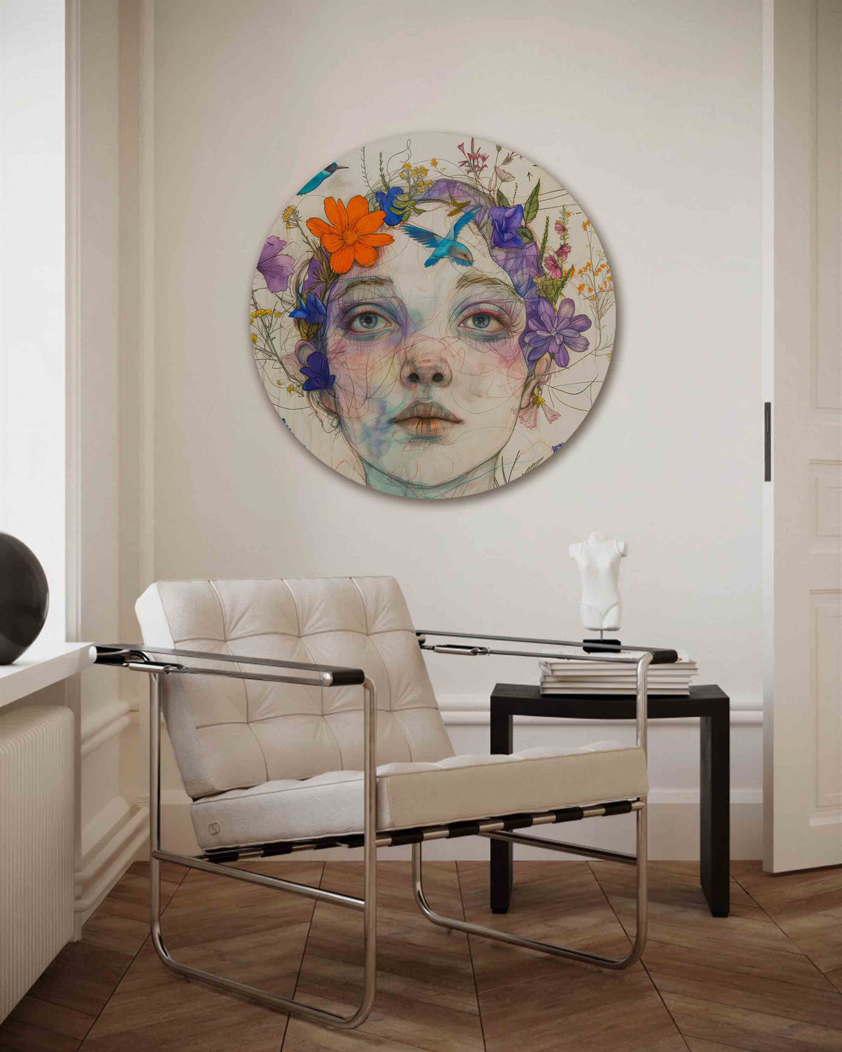 Vrouw met bloemen en vogels – kleurrijke muurcirkel als ronde wanddecoratie