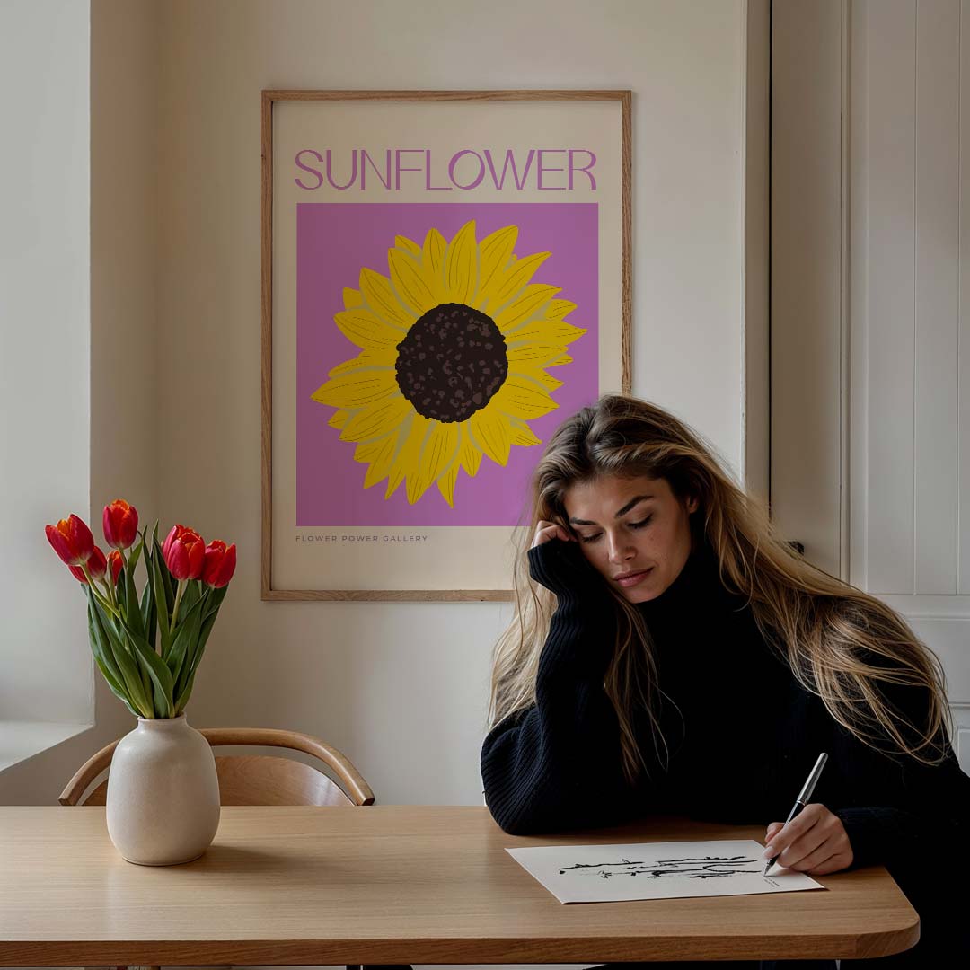 Zonnebloem Art – staande muurposter met tekst en typografie