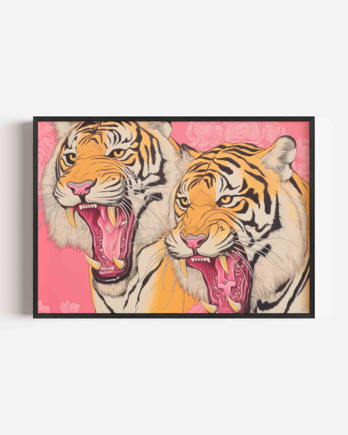 Twee tijgers op roze achtergrond – dieren landscape poster als wanddecoratie