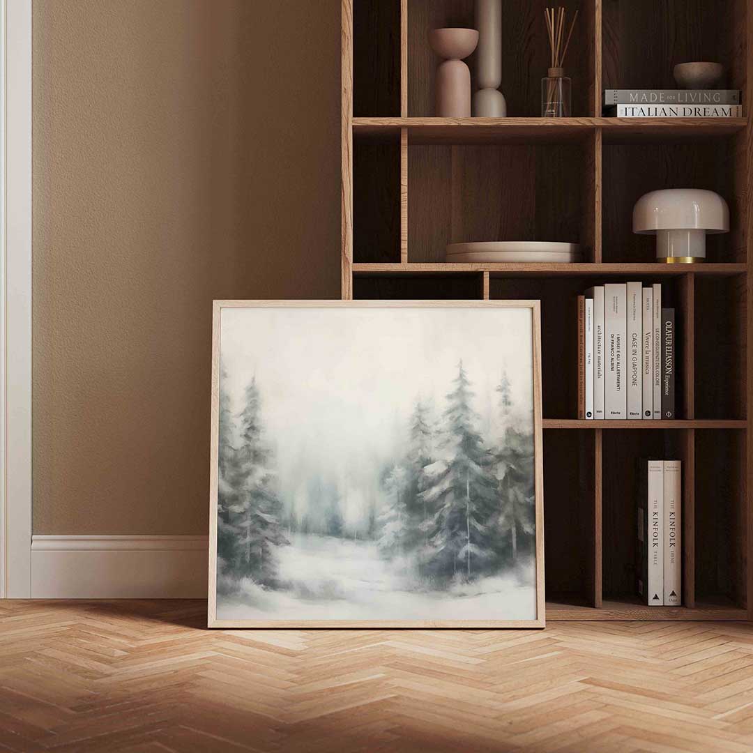 Mistig boslandschap – kerstposter in vierkant formaat