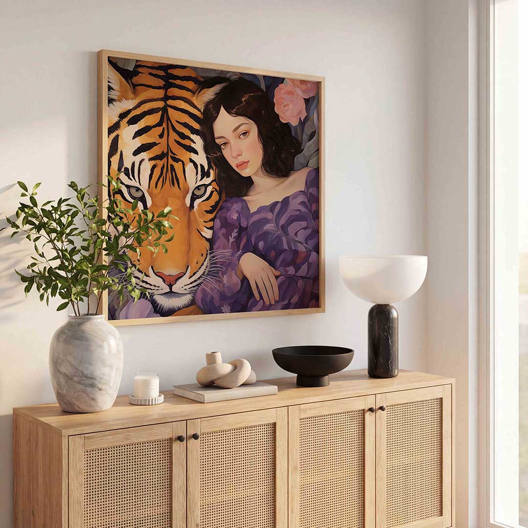 Tijger en vrouw – illustratie poster in vierkant formaat