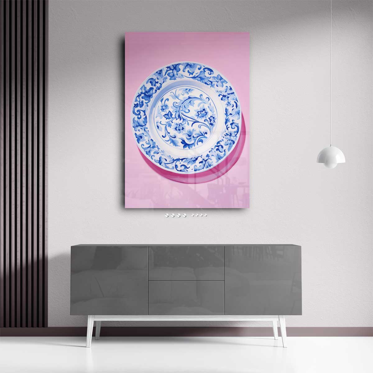 Blauwe Bloemenpracht op Roze – kunstwerk met zwarte baklijst