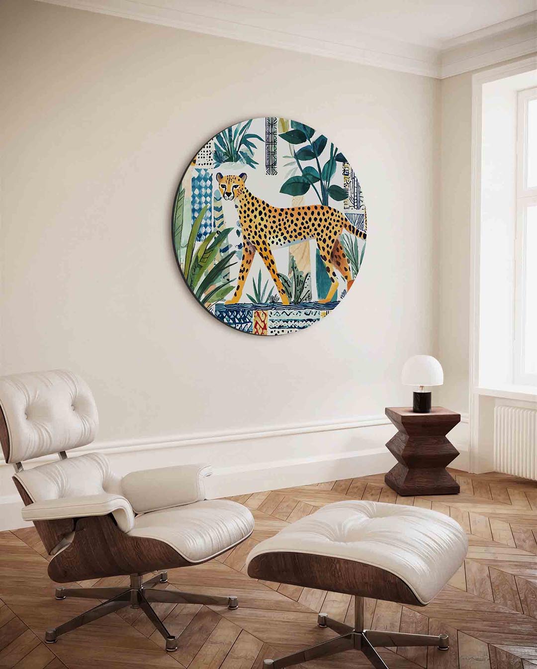 Luipaard en planten – kleurrijke ronde wanddecoratie van WallArtistic