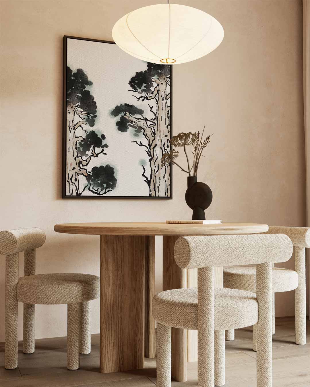 Oosterse bomen in inktstijl – staand kunstwerk voor modern interieur