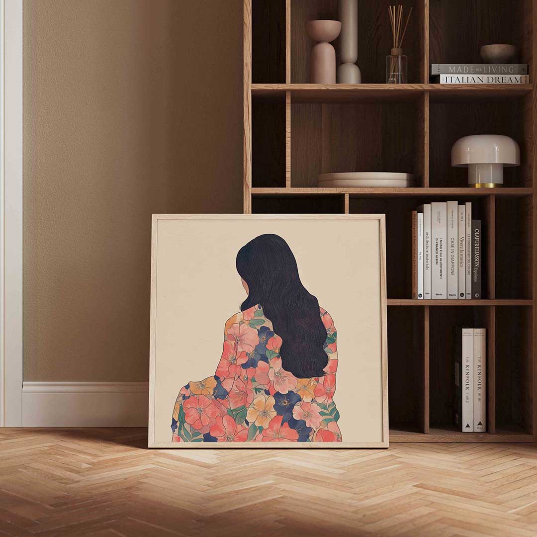 Vrouw met bloemenpatroon – moderne poster in vierkant formaat