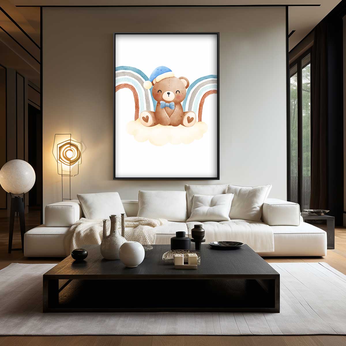 Slaapbeer op Regenboog Wolk – canvas wanddecoratie in portret formaat