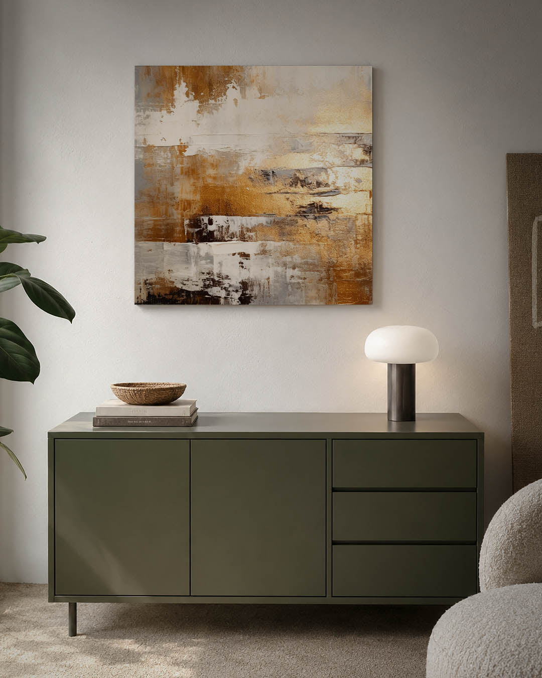 Gelaagde kleurencompositie kunstwerk – detailweergave – dit werk toont een dynamische mix van beige, bruin en wit, met